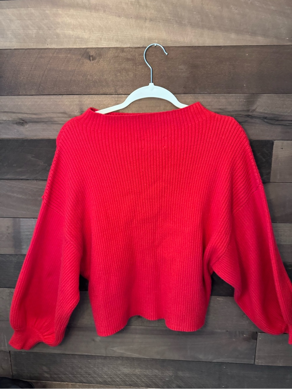 Line & Dot Bright Red Ribbed Balloon-Sleeve Sweater